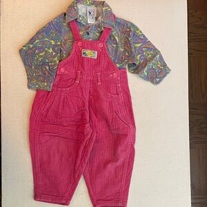 Jean Bourget Girls Vintage 80s Pink Corduroy Overalls with Paisley Shirt